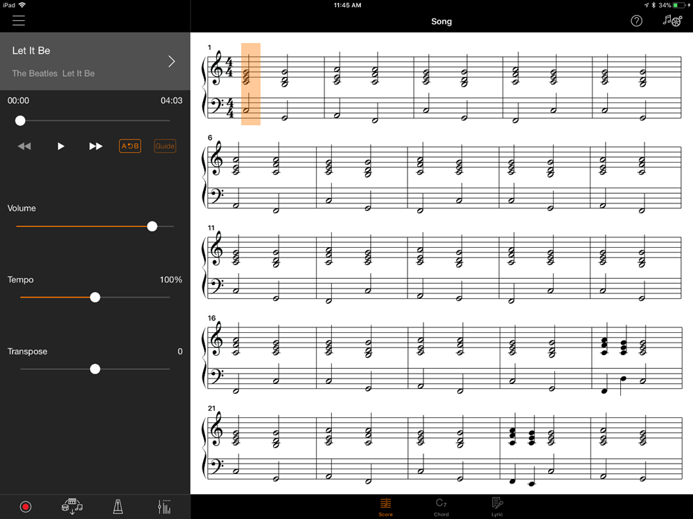 Visual of the onscreen sheet music on the Smart Pianist app for Let It Be