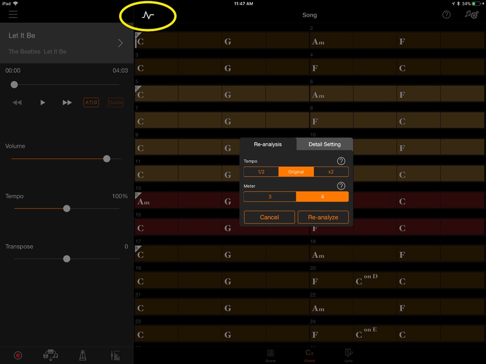Screenshot from Smart Pianist highlighting the symbol referenced plus how to change the tempo or the meter.