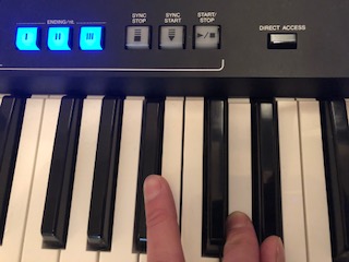 18_aifingered Hand playing electronic keyboard with some of the buttons on panel above lit.