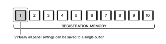 registration buttons Diagram of registration buttons with text stating: "Virtually all panel settings can be saved to one button."