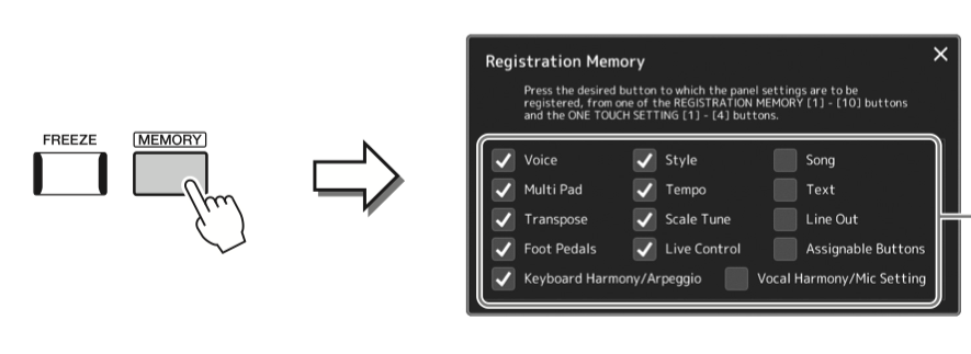 screen shot 2019 04 11 at 8.10.01 am Diagram showing memory button on left with arrow pointing to screenshot of registration memory functionality on right.