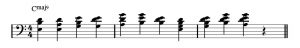 Major left hand jazz voicing, with an acoustic bass playing the root tone.