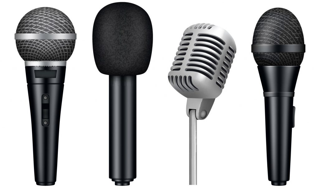Dynamic-microphones-crop Four different types of microphones seen in closeup.