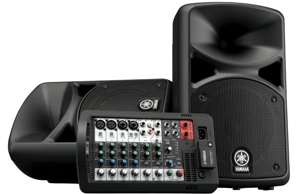 Fig.-3_400BT-resize Two small rectangular speakers with a sound board with slider controls.